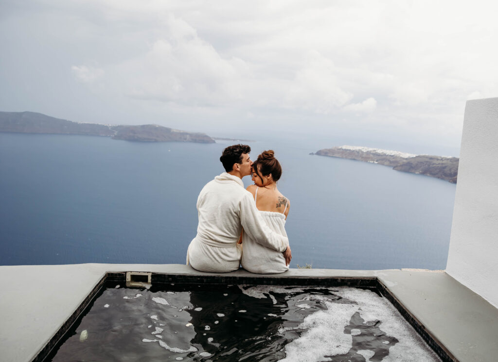 getting ready wedding photos before elopement at Airbnb in Santorini, Greece