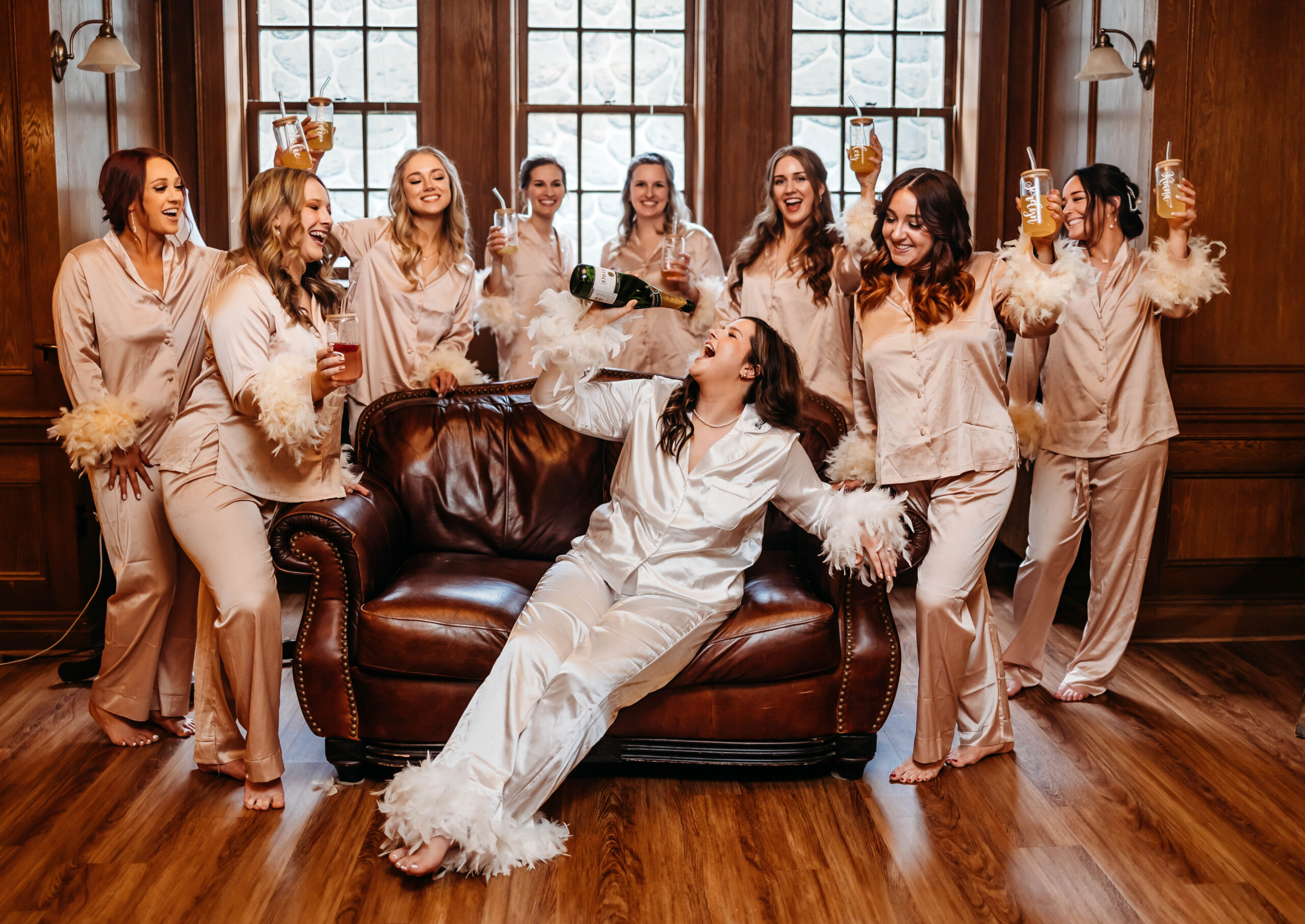 bridal party in matching robes – getting ready wedding photos at Lairmont Manor