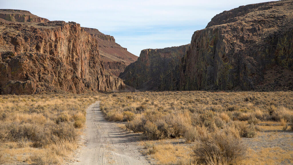 Dirt road leading through rocky cliffs and sagebrush in Black Rock Desert – unique places to elope in Nevada
