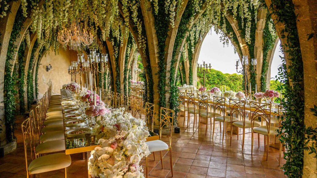 Villa Cimbrone wedding venue in Ravello, Amalfi Coast, Italy – historic cliffside villa with panoramic ocean views, romantic gardens, and elegant luxury wedding spaces.