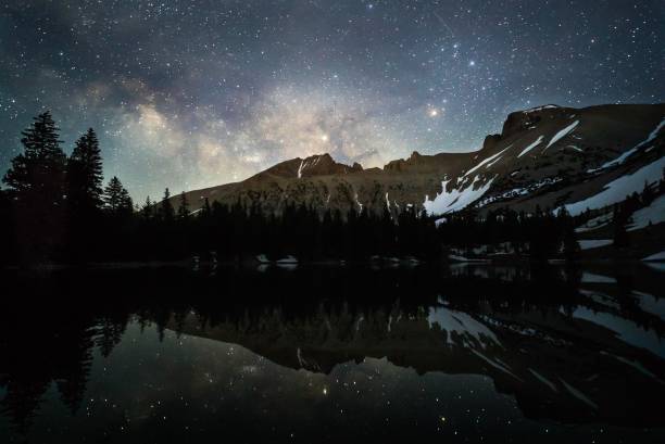 Starry night sky over snow-capped mountains reflected in alpine lake – unique places to elope in Nevada, Great Basin National Park