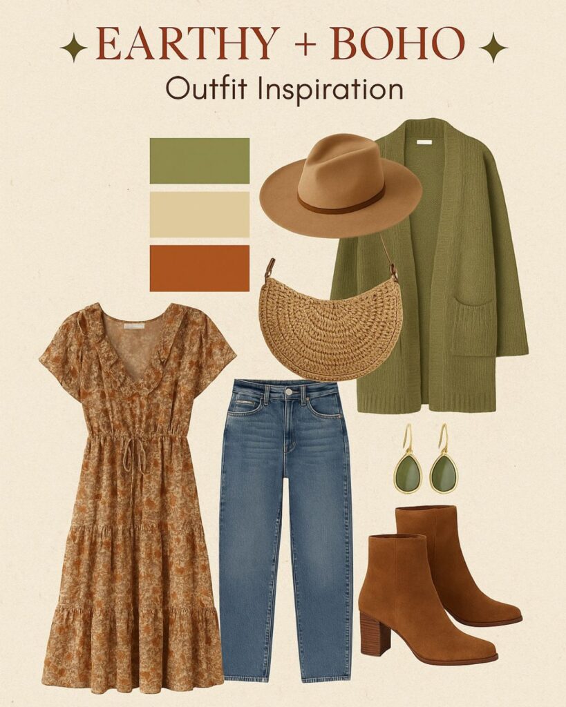 Earthy boho engagement outfit inspiration for PNW engagement photos in terracotta, olive, and warm brown.