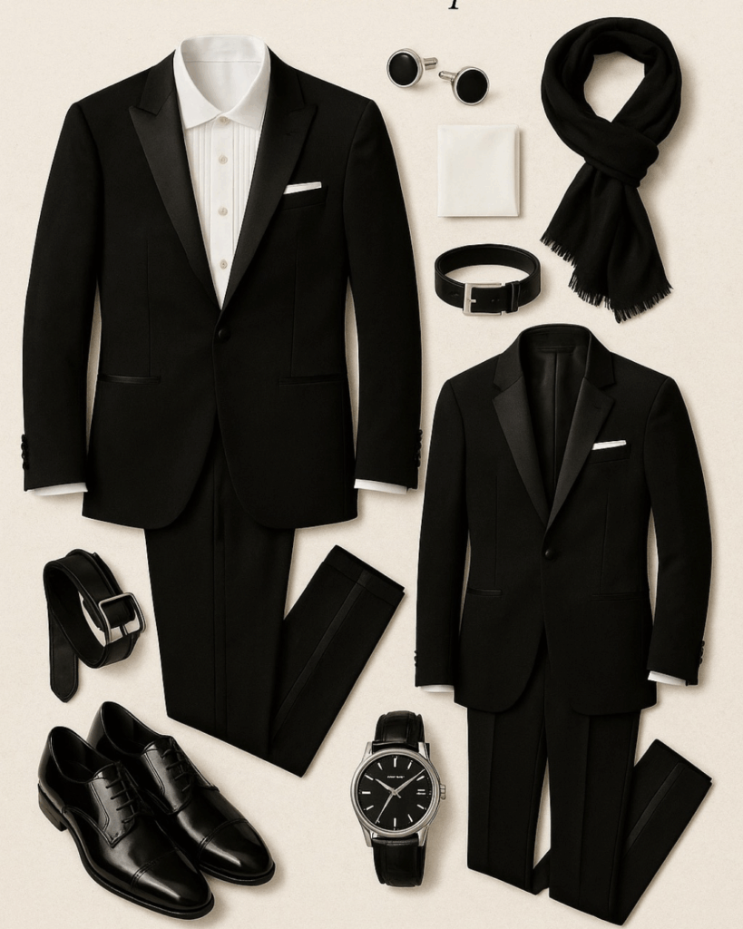 Black tie elegant engagement outfit inspiration with black, gold, and cream.