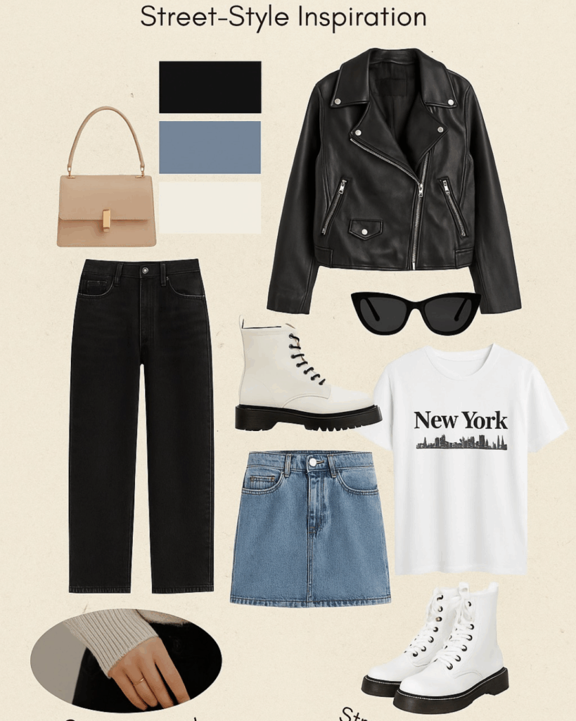 Street-style inspired engagement outfit inspiration with denim and black accents.
