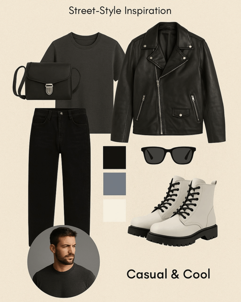 Street-style inspired engagement outfit inspiration with denim and black accents.