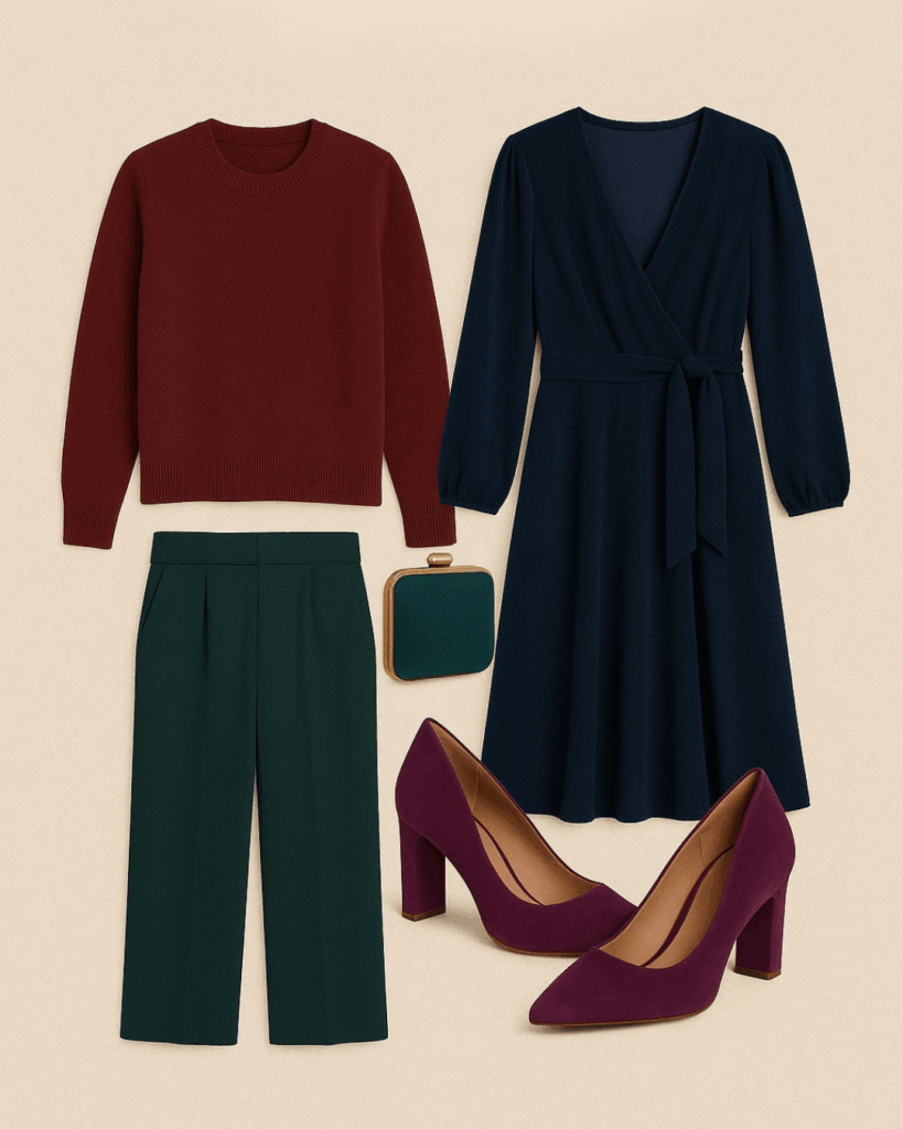 Bold colorful outfit inspiration for engagement photos using emerald, ruby, and cobalt.