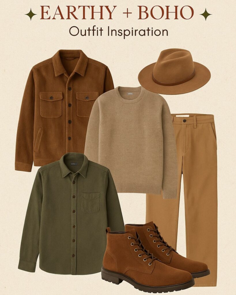 Earthy boho engagement outfit inspiration for PNW engagement photos in terracotta, olive, and warm brown.