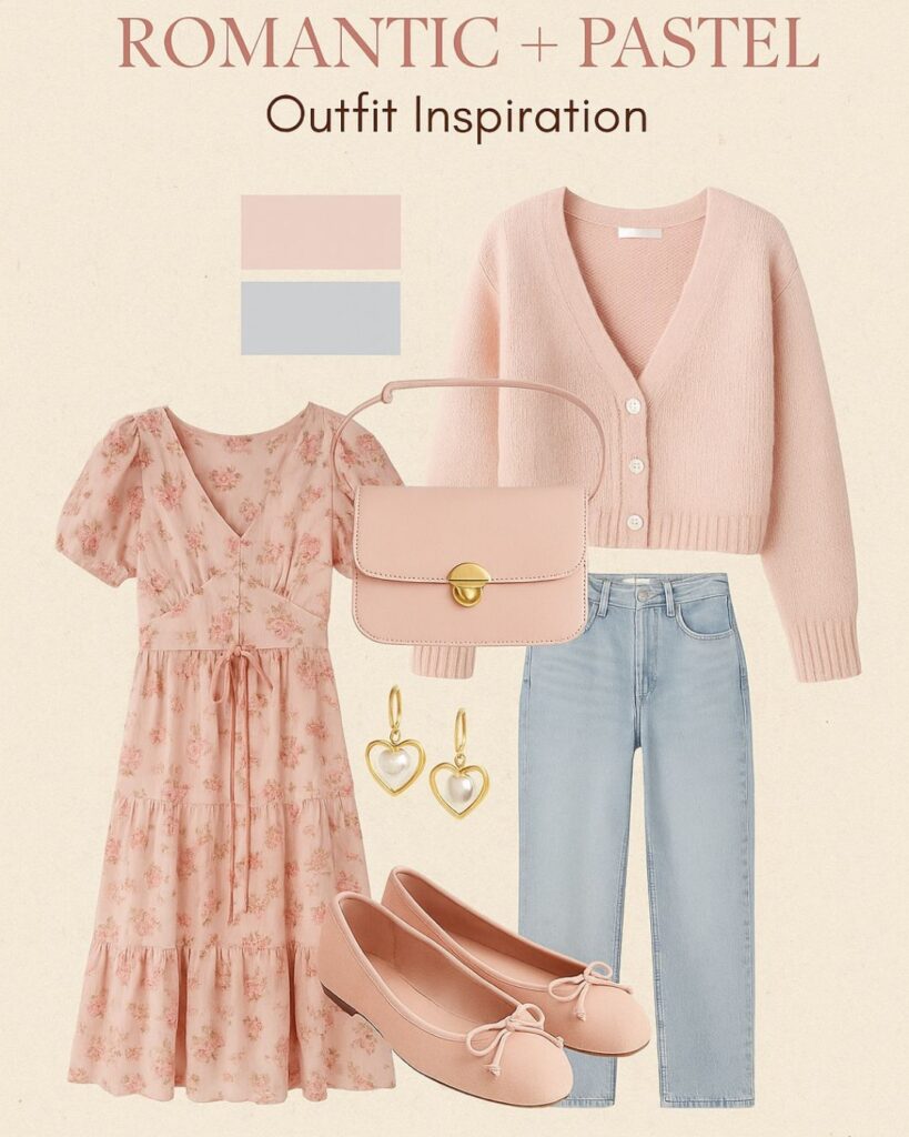 Romantic pastel engagement outfit inspiration in blush, lavender, and dusty blue.