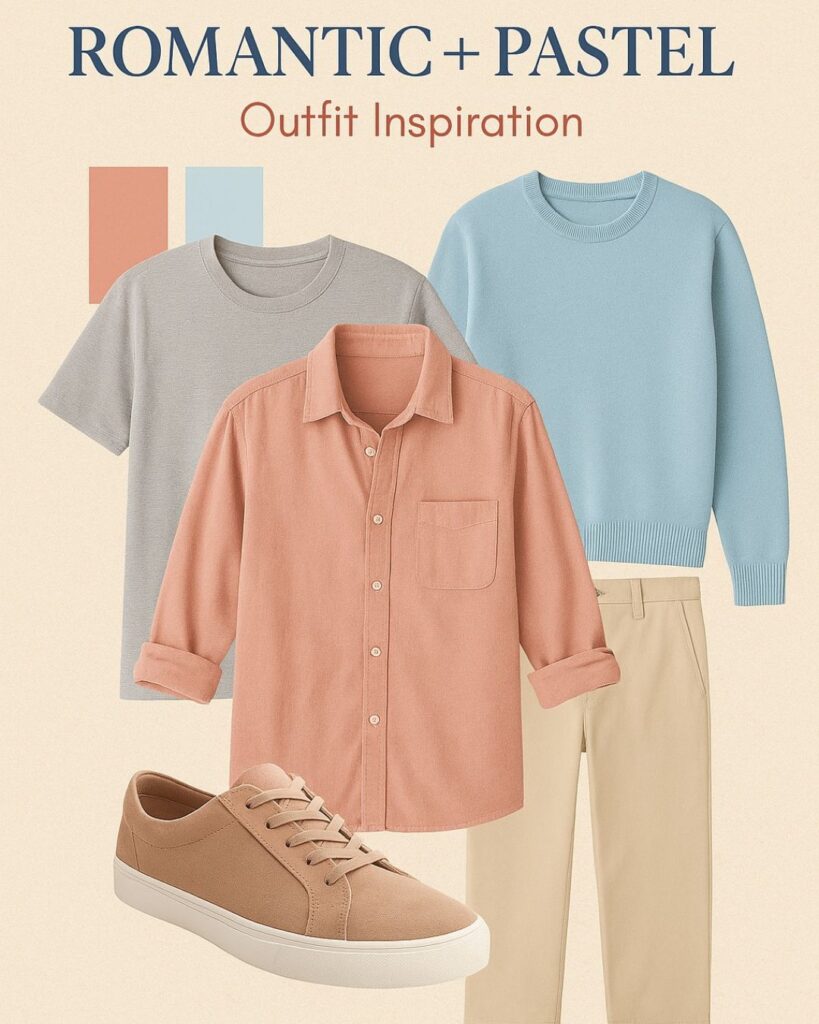 Romantic pastel engagement outfit inspiration in blush, lavender, and dusty blue.