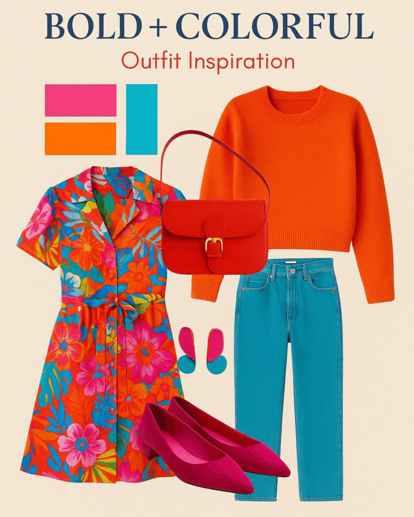 Bold colorful outfit inspiration for engagement photos using tropical colors
