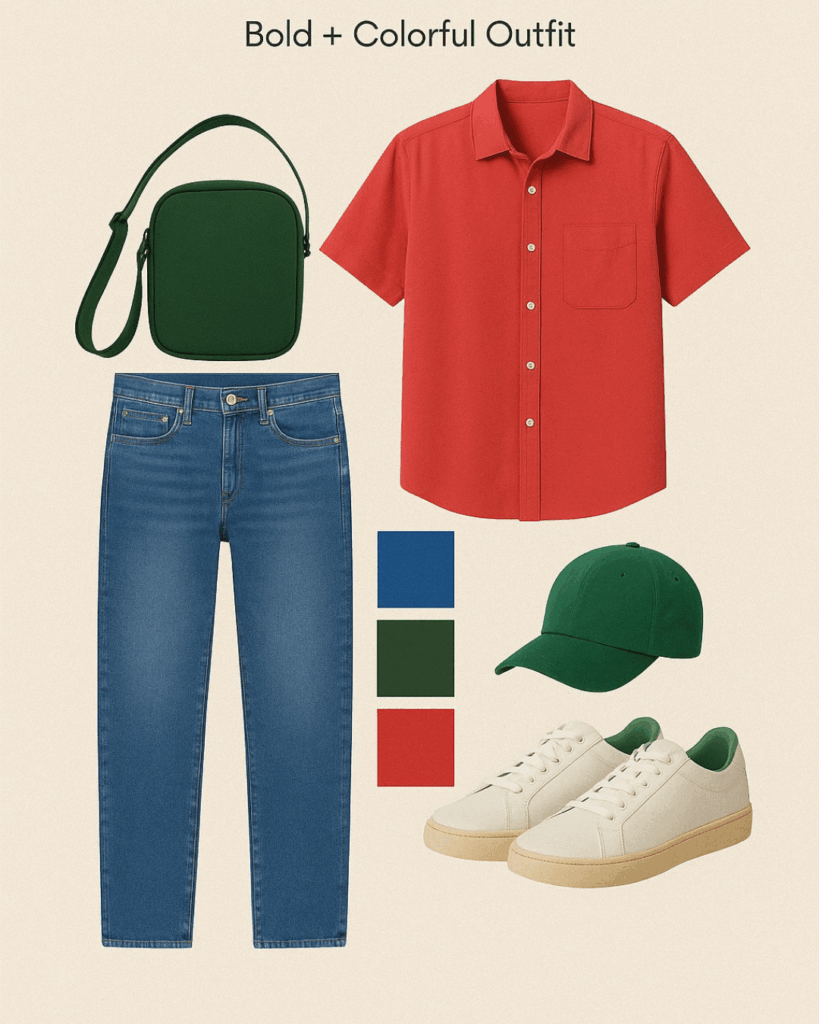 Bold colorful outfit inspiration for engagement photos using tropical colors