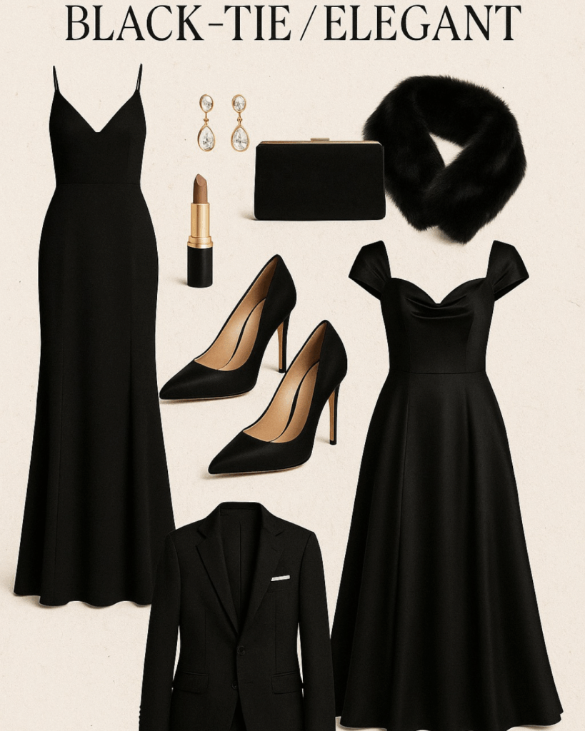 Black tie elegant engagement outfit inspiration with black, gold, and cream.