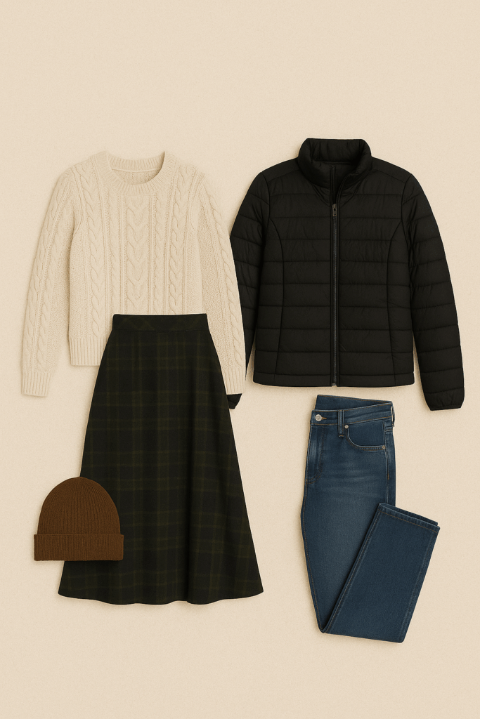 PNW cozy layered engagement outfit inspiration with forest green and charcoal.