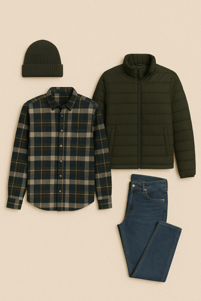 PNW cozy layered engagement outfit inspiration with forest green, plaid, and charcoal.